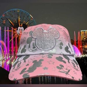 NWT Disney Parks Mickey Mouse AOP Pink Rhinestone Adjustable Adult Cap Hat
